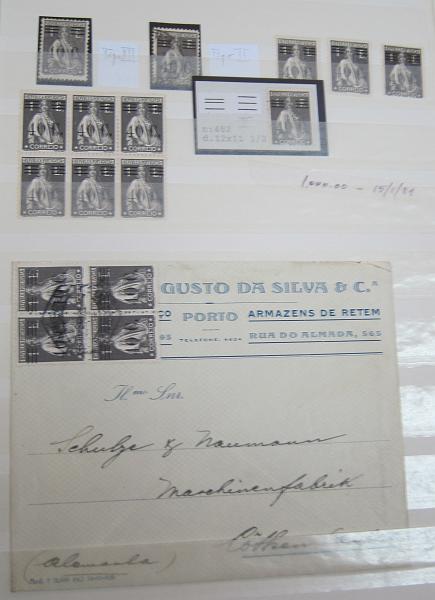 0001 52.jpg -     Lote:    1      Colecção "Ceres Sobretaxados"      (várias imagens)       Descrição:         1928/29 &mdash; Ceres, com sobretaxa. Classificador com colecção não montada, muito completa, estudada em termos de papeis, variedades de clichés e barramentos, com estudo exaustivo, pertencente a um distinto filatelista, sócio do Clube Filatélico de Portugal. Inclui selos novos e usados, singelos ou em blocos pequenos e de grandes dimensões, selos com múltiplas variedades de clichés e de barramentos, erros, alguma marcofilia, sobrescritos e postais ilustrados circulados. Inclui uma carta com quadra do selo de 10C s/ 4C verde em denteado 15x14 (exemplar único), bloco de 6 selos em papel cartolina do selo de 40C s/ 2C laranja, duas cartas circuladas pelo DOX, carta com erro (omissão do algarismo "0") no selo de 40C s/ 2C castanho, quadra do selo de 10C s/ 1 C castanho em denteado 15x14, etc., etc... Disponibiliza-se a pedido ficheiro digital da colecção. Elevado valor de catálogo.        Lote       Valor Base:     &euro; 10.000,00     Valor Venda:     &euro;      